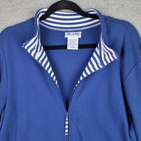 Blair Women's Jacket Sz L Blue Full Zip Pockets White Stripe Contrast - Picture 4 of 15
